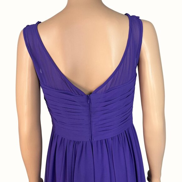 Bill Levkoff Purple Sleeveless Ruched Chiffon Gown With Sheer Neckline & V-Back - Picture 4 of 9